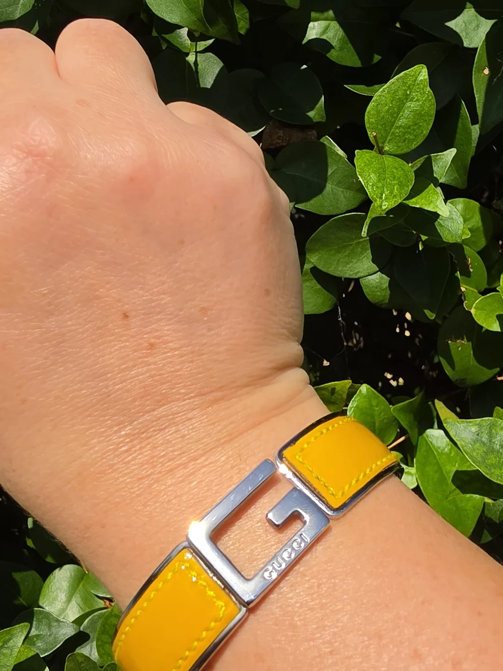Gucci Leather G Hinge Bangle Mustard Color Silver-Tone Metal & Leather